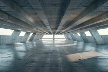 3d render of futuristic abstract concrete architecture with car park empty cement floor. 