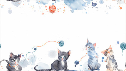 Watercolor illustration of playful kittens with yarn.