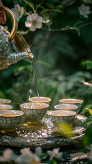 Tea Pot Pouring Tea Into Three Cups