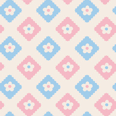 Pastel Floral Pattern with Pink and Blue Diamonds. Cute Seamless Pattern with Pastel Flowers in Pink and Blue.
