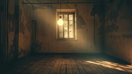 Obraz premium A room with a window and a light bulb hanging from the ceiling. The room is empty and has a dark, eerie atmosphere