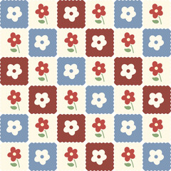 Obraz premium Vintage Floral Checkerboard Pattern with Red and Blue Flowers