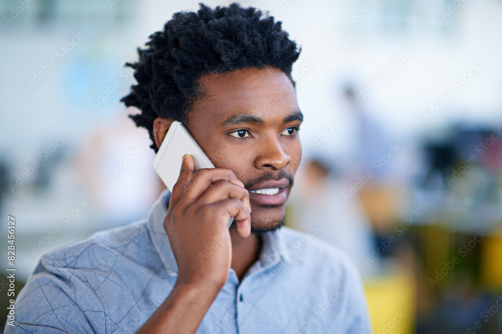 Poster office, creative and black man with phone call for networking, planning and contact at design startu