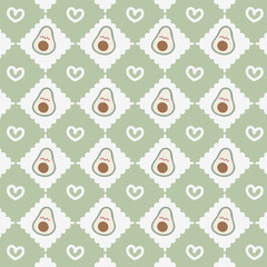 Cute Kawaii Avocado and Heart Vector Diamond Pattern with Green Background. Cute pattern features kawaii style avocados and hearts set against a green background.