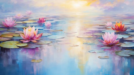 Impressionist Painting Of Water Lilies Against A Pastel Dawn Sky. Generative AI