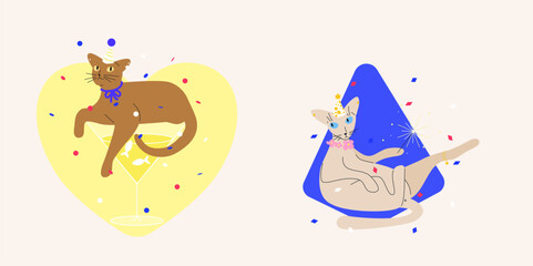 Naklejka premium Party festive cat vector illustration. Cute pets with drinking glasses and sparkler in party hats with confetti on abstract form. Cute card, postcard, poster or sticker.