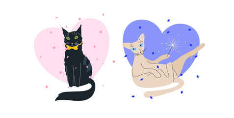 Valentines day cat vector illustration. Cute pets with bow and sparkler in party hats with confetti on abstract heart form. Positive card, postcard, poster or sticker.
