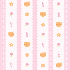 Cute Kawaii Cat and Flower Pattern with Pink Background