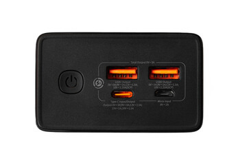 black power bank isolated , input and output ports