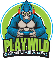 Gorilla monkey ape mascot play gaming with joystick and headphone Esport logo vector illustration