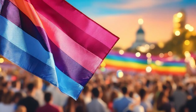 bisexual flag on the background of the pride parade, lgbt pride month, fight against homophobia, tolerance, rally of many people