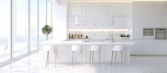 Minimalist white kitchen interior with a breakfast bar, large windows, and a clean, modern look