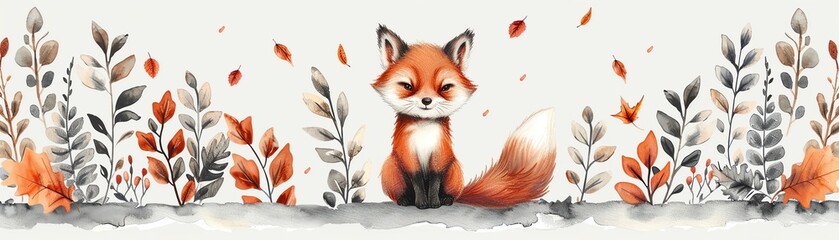 Obraz premium a cute animal flat design top view autumn theme cartoon drawing colored pastel