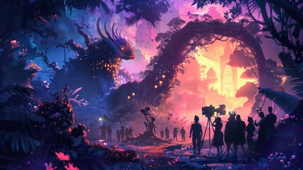 Obraz premium Cartoon Illustration of People Exploring a Colorful Enchanted Forest Vibrant Digital Art of a Magical Forest Adventure with Group of People