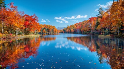 Fototapeta premium Serene Autumn Reflections: Tranquil Lake with Vibrant Foliage and Clear Blue Sky