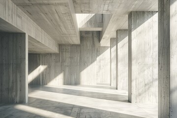 3D stimulate of concrete interior space with sun light cast the roof shadow on the wall and floor Perspective of minimal design architecture 3d rendering 