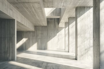 Obraz premium 3D stimulate of concrete interior space with sun light cast the roof shadow on the wall and floor Perspective of minimal design architecture 3d rendering 