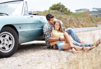 Nature, love or happy couple relax on road trip on holiday together for break, romance or...