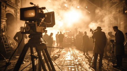 Fototapeta premium Filming a Vintage Movie Scene on a Historic Street Set