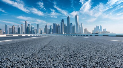 Asphalt road ground and city skyline with modern commercial buildings in Dubai, UAE. 