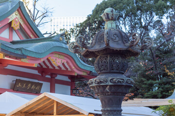 religious lantern and exterior of main shrine in Hie shrine in nagatacho, tokyo