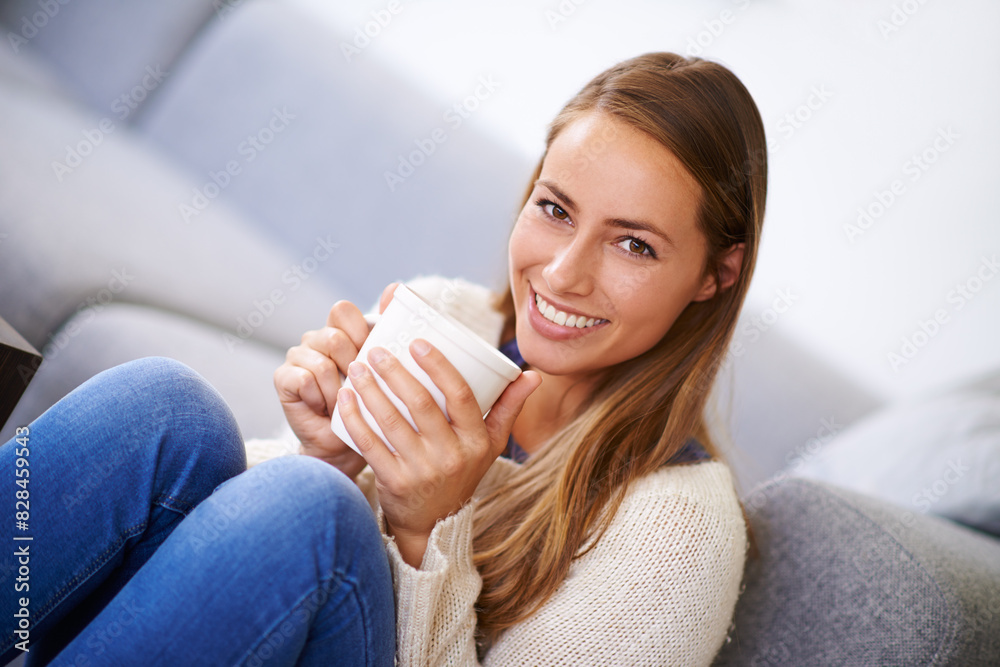 Poster Happy, woman and portrait with cup of coffee in living room for relax peace and addiction in morning. Smile, female person and warm beverage in home for chilling, break and rest by sofa with caffeine