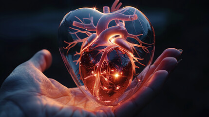 A transparent, glowing model of a heart on one hand