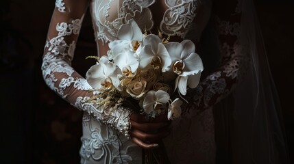 Bride Holding White Orchid Bouquet on Wedding Day Close-up of Bride in Lace Wedding Dress with Flower Bouquet