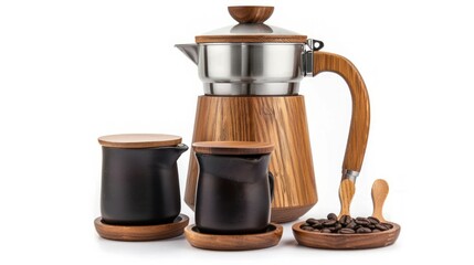 Coffee pot set with accessories isolated on white. Environmentally friendly friends