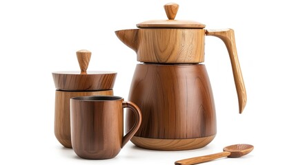 Coffee pot set with accessories isolated on white. Environmentally friendly friends