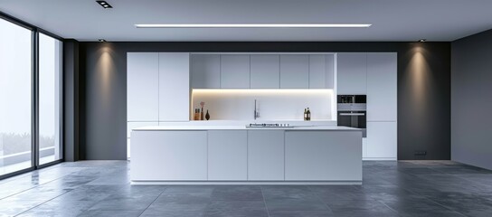 Minimalist white kitchen interior with a white island, handleless cabinets, and recessed lighting