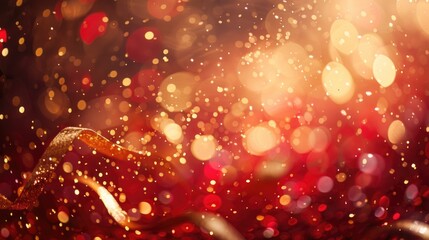 Shiny golden ribbon and confetti on background