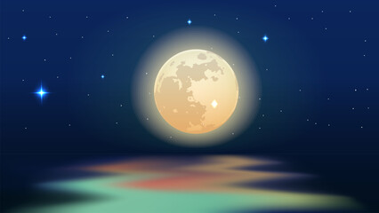 Fototapeta premium moonlight stars reflection river night landscape. Vector Illustration