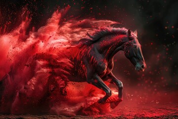 Horse running in red dust on black background