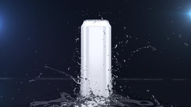 Closeup Slow motion Water splash from back Can Product object isolate on black background. 3D animation.	
