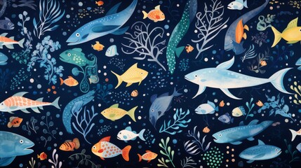 Naklejka premium Colorful Marine Life Illustration With A Variety Of Fish And Coral. Generative AI