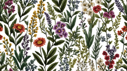 The PNG graphic features an enchanting variety of flowers, herbs, and wildflowers, each beautifully detailed in an embroidery style that highlights the delicate textures and vibrant colors