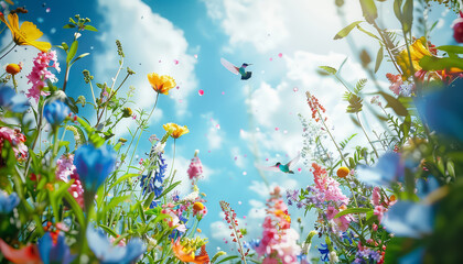 A group of hummingbirds flying over a field of flowers