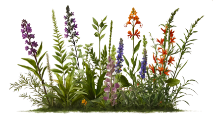 This PNG graphic displays a captivating collection of flowers, herbs, and wildflowers, all meticulously crafted in an embroidery style that accentuates the delicate textures and vivid colors typical