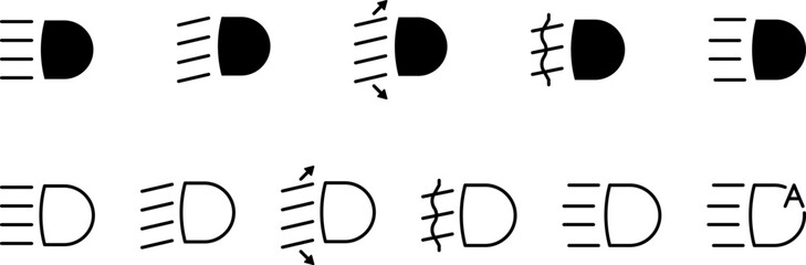 Headlight, light indicator dashboard icon. Vector high beam. Car light symbol. Vector icons of vehicle dashboard indicators. Such symbols include high and low beam and adjustable headlight symbol. © Volodymyr