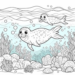 Fototapeta premium Seals in Underwater Scene - Kids' Coloring Book Page