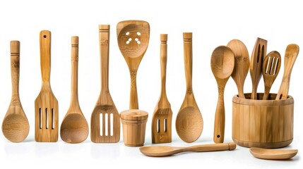 set of kitchen utensils made from bamboo With equipment isolated on white Environmentally friendly friends