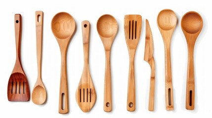 set of kitchen utensils made from bamboo With equipment isolated on white Environmentally friendly friends