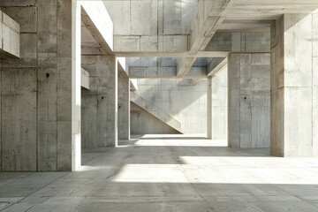 3d render of concrete block building shape with empty cement floor. 