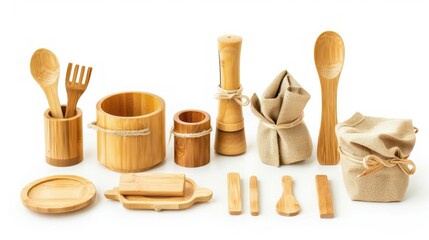 children's toy set made from bamboo With equipment isolated on white Environmentally friendly friends