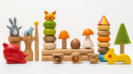 Obraz premium children's toy set made from bamboo With equipment isolated on white Environmentally friendly friends