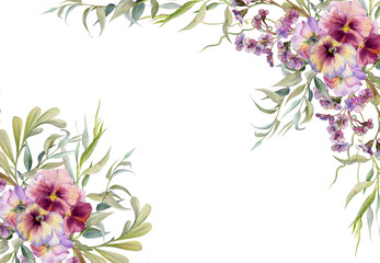 Hand drawn watercolor illustration botanical flowers leaves. Mauve pansy viola, locust indigo branch, willow eucalyptus, bergenia heliotrope lungwort, tendrils. Frame isolated white. Wedding, cards © Elena