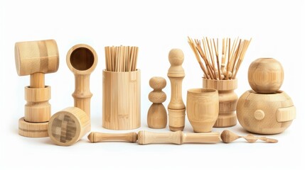 children's toy set made from bamboo With equipment isolated on white Environmentally friendly friends