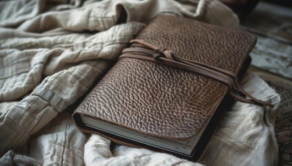 Mockup packaging textured leather journal, artisanal and organic stationery branding, personalized journal insert text, free copy space