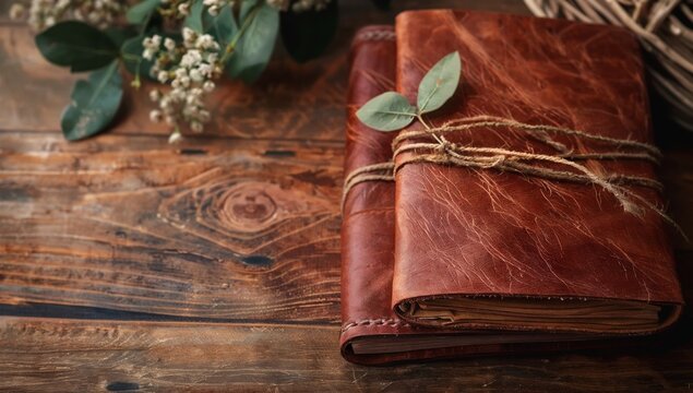 Mockup packaging textured leather journal, artisanal and organic stationery branding, personalized journal insert text, free copy space